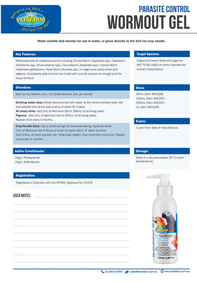 Vetafarm – Wormout Gel – Bird